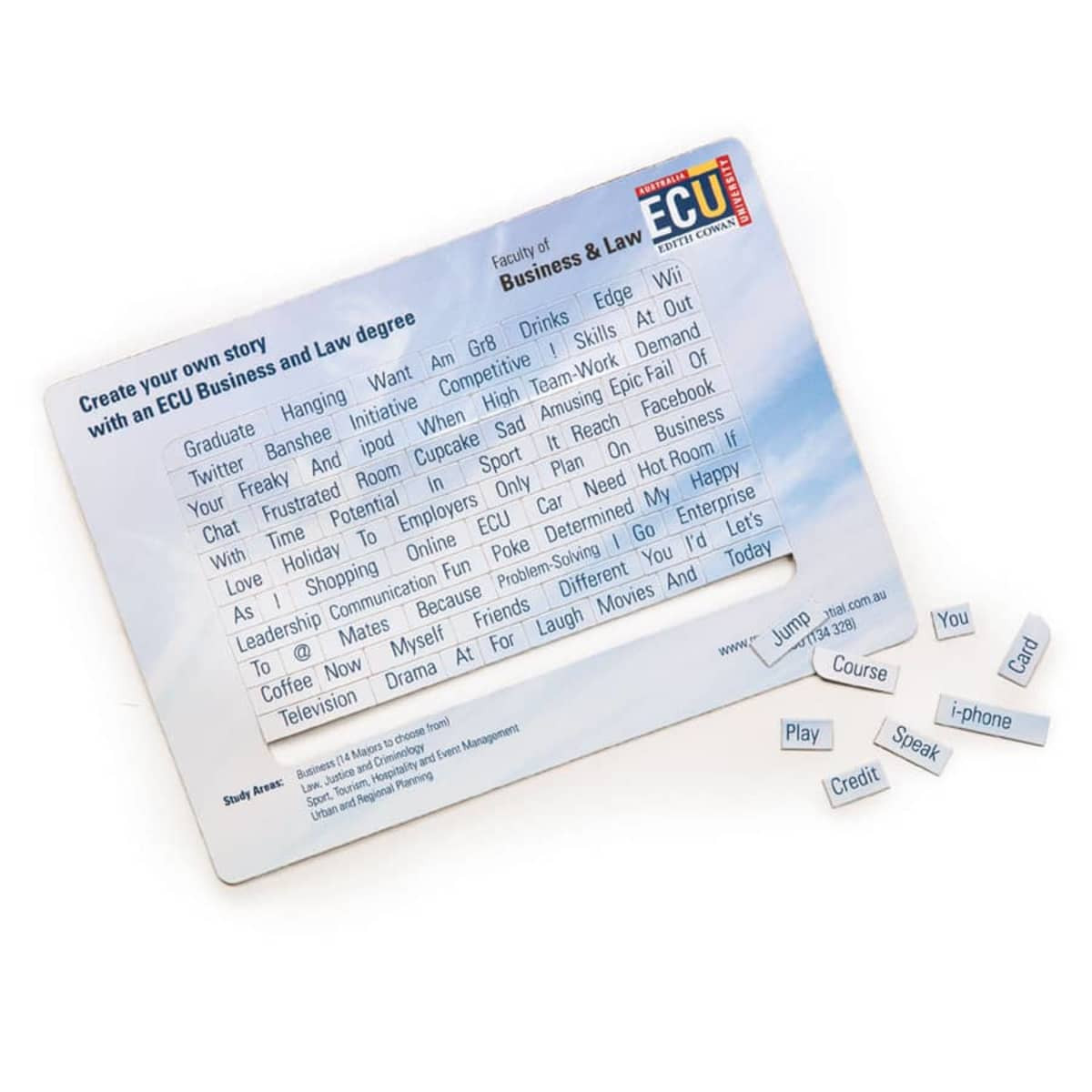A magnetic board with a cloudy sky background, featuring small magnetic word tiles in white and blue.