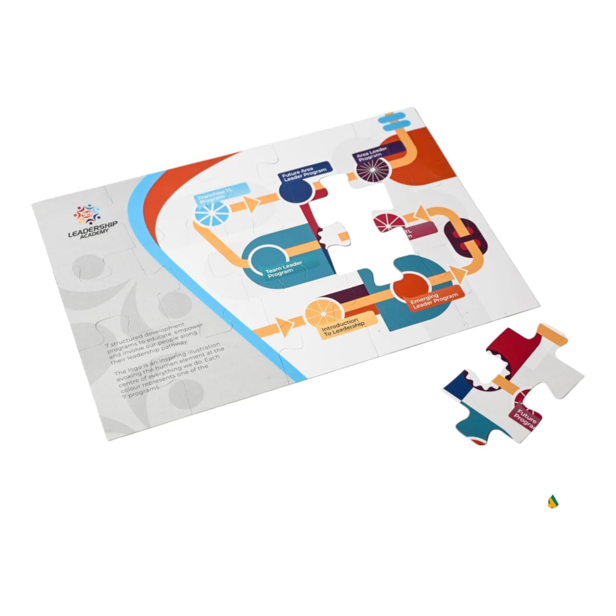 A magnetic jigsaw featuring various colours, with an incomplete puzzle and a single piece displayed. It includes a logo.
