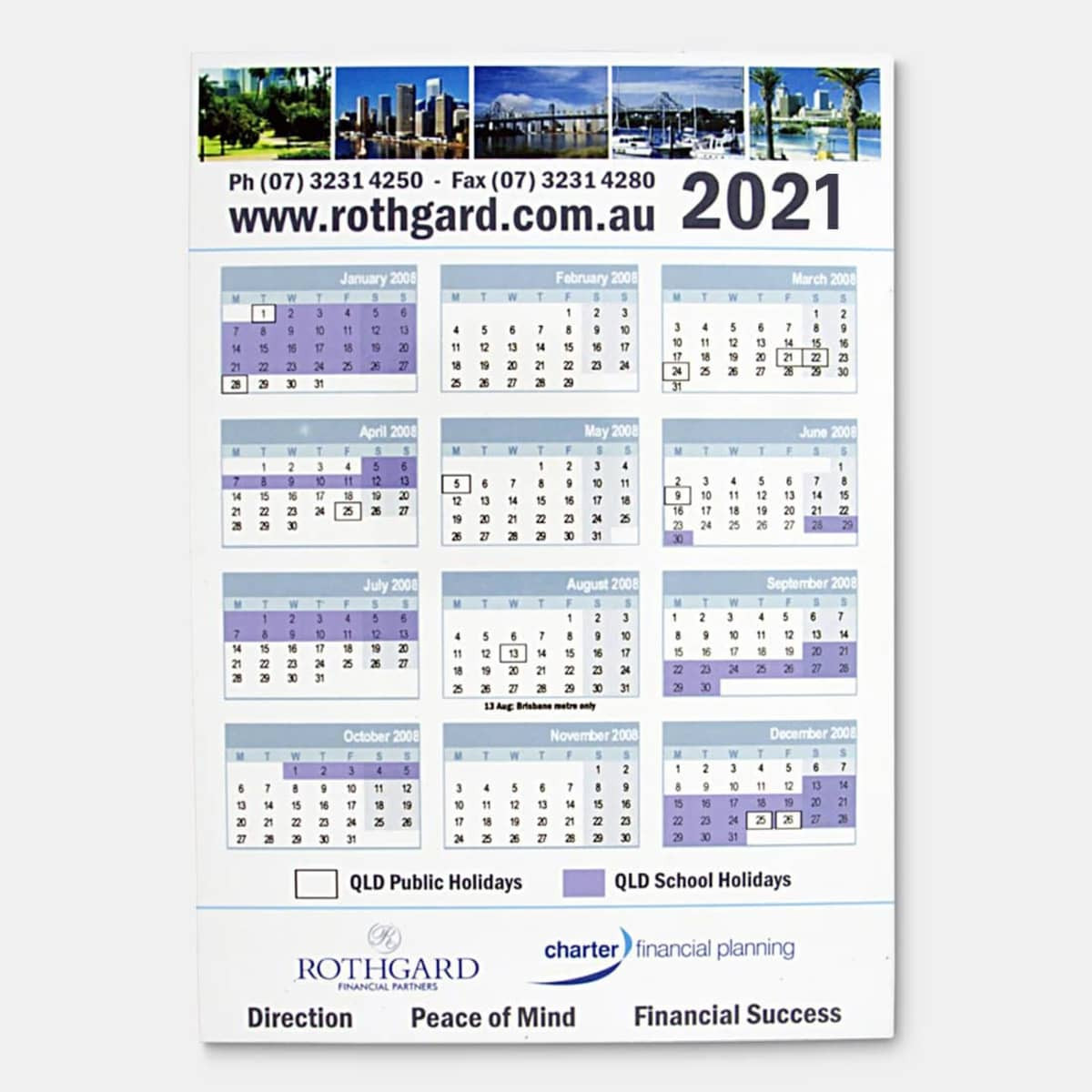 A magnetic calendar featuring a city skyline, with months from January to December in purple and white. Includes a logo.