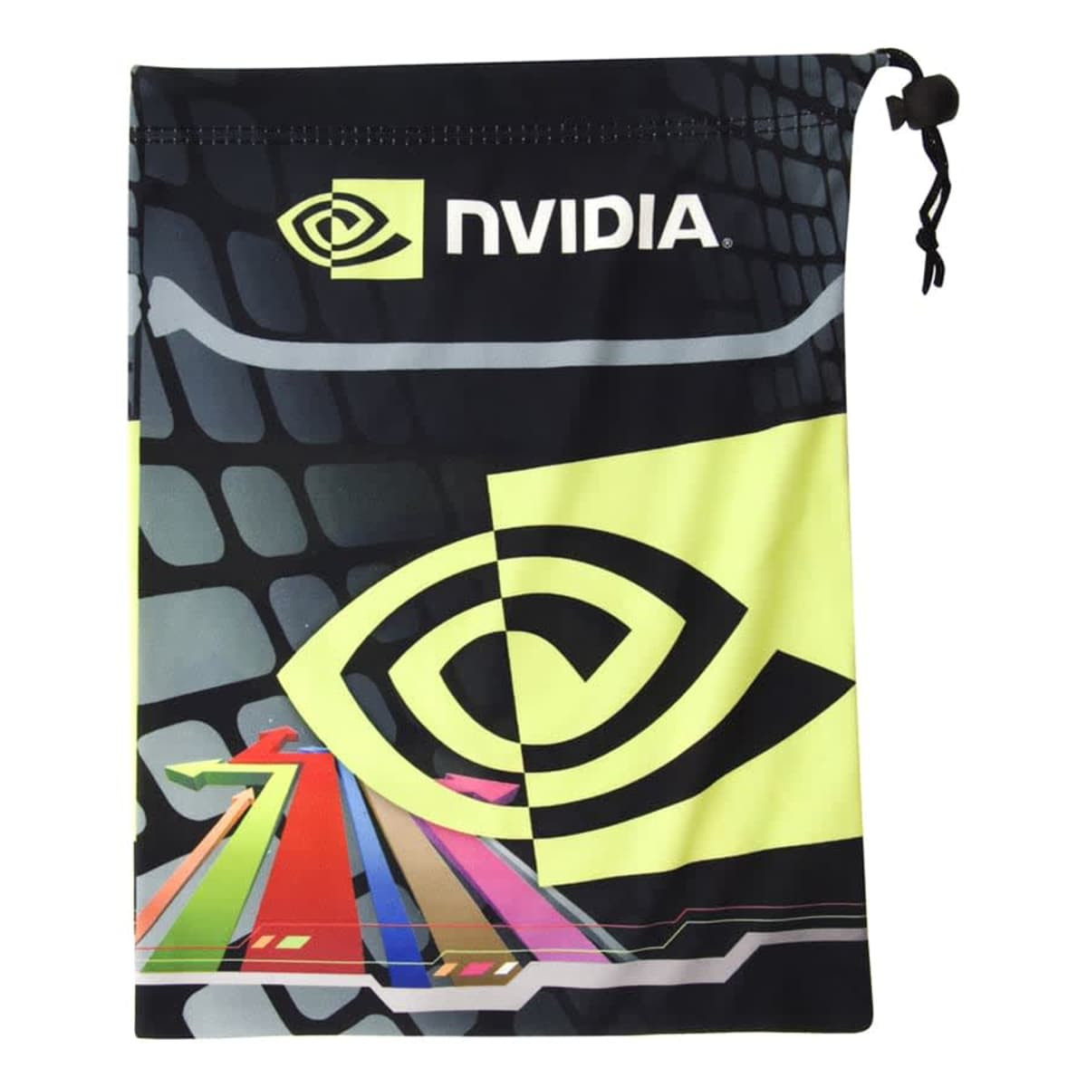 A microfibre pouch for tablets in black with vibrant multicoloured graphics and a logo. Features a drawstring closure.