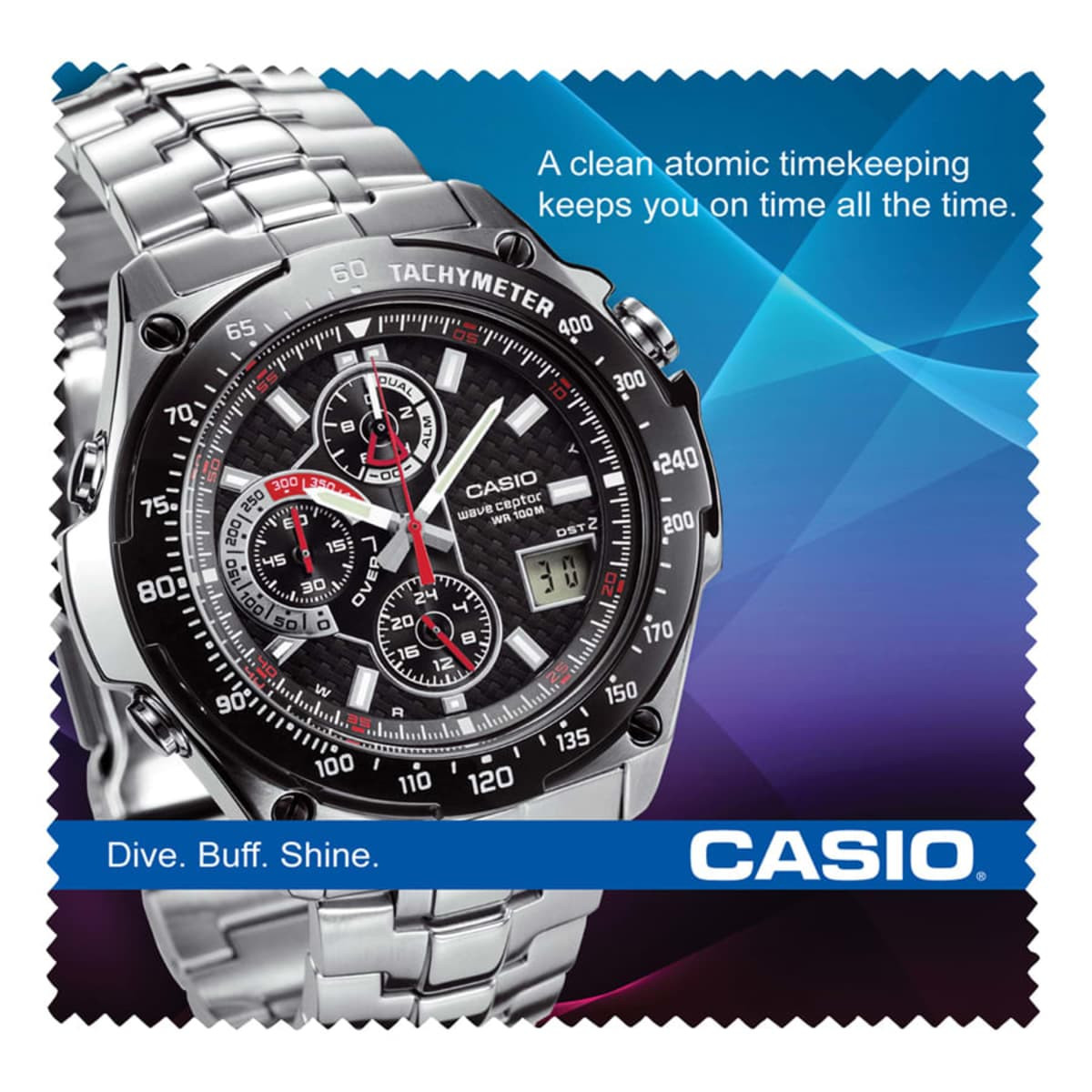 A silver watch with a black face and several dials displayed on a colourful background, featuring a logo.