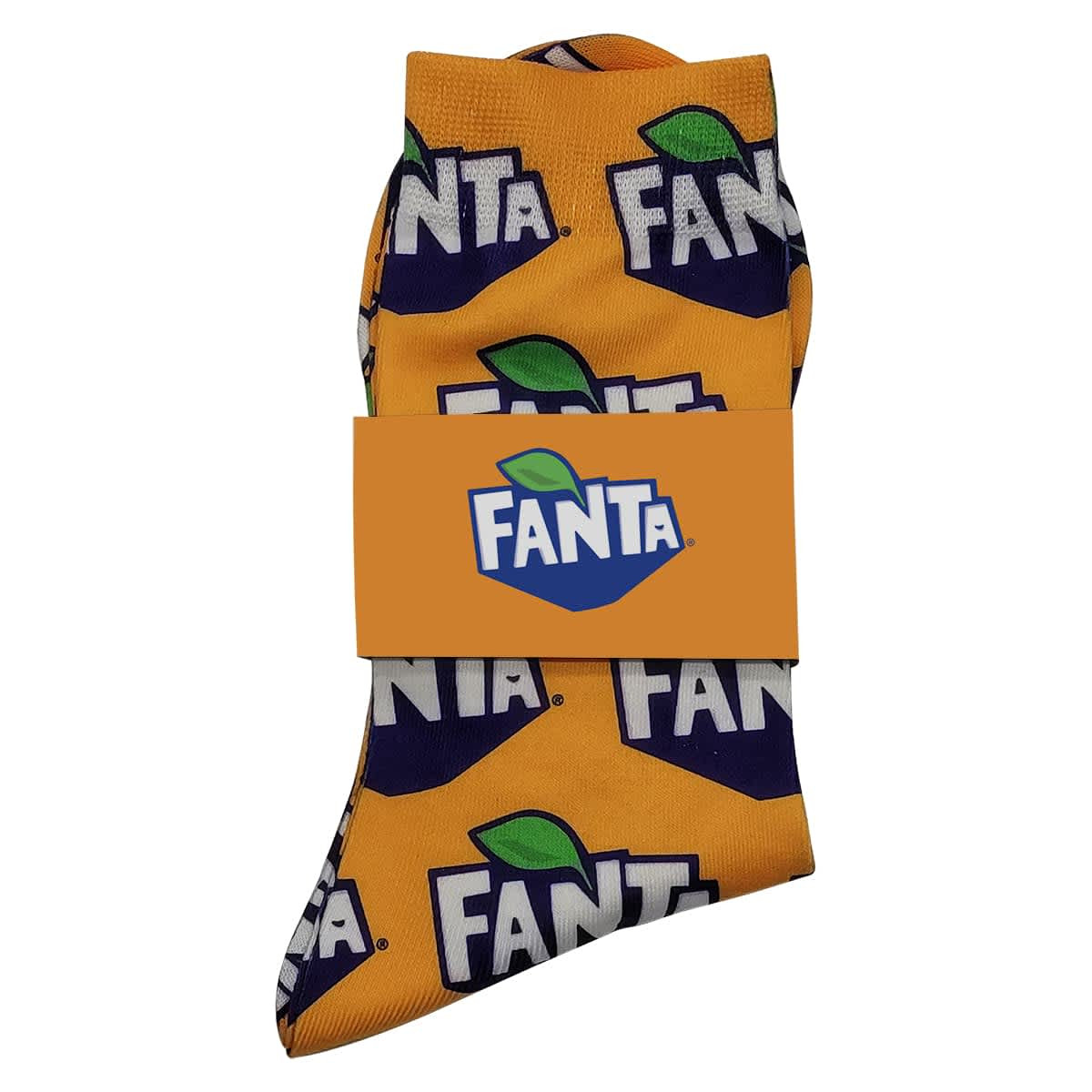 Bright orange socks featuring a repeated pattern with a logo design. The product is displayed with a branding card.