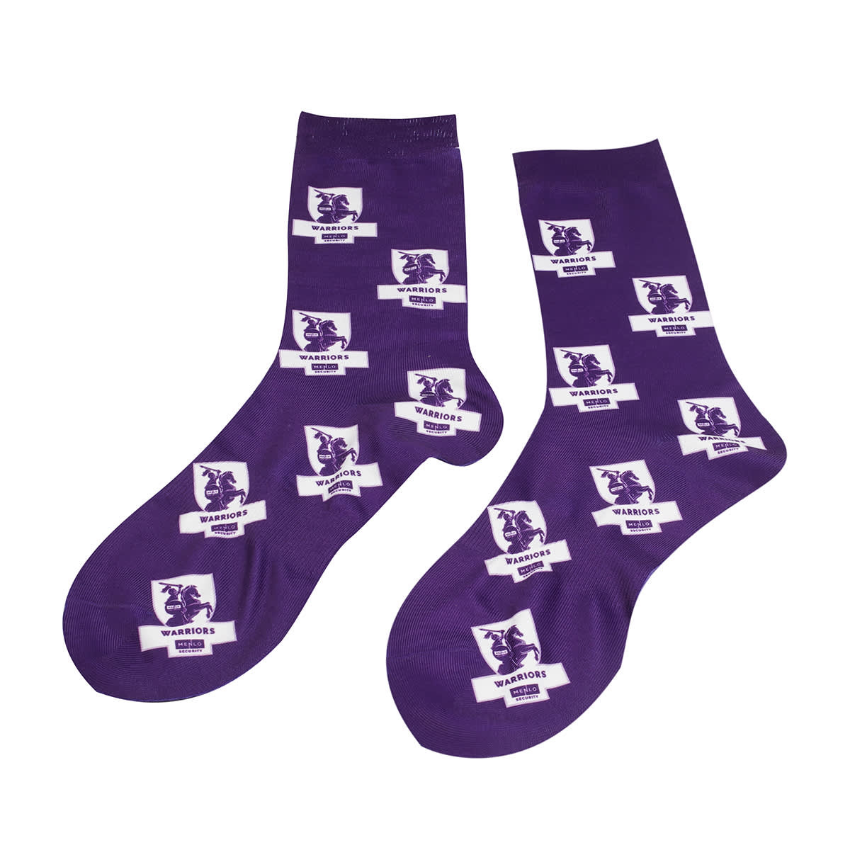 Purple socks featuring a patterned design with logos and motifs throughout.