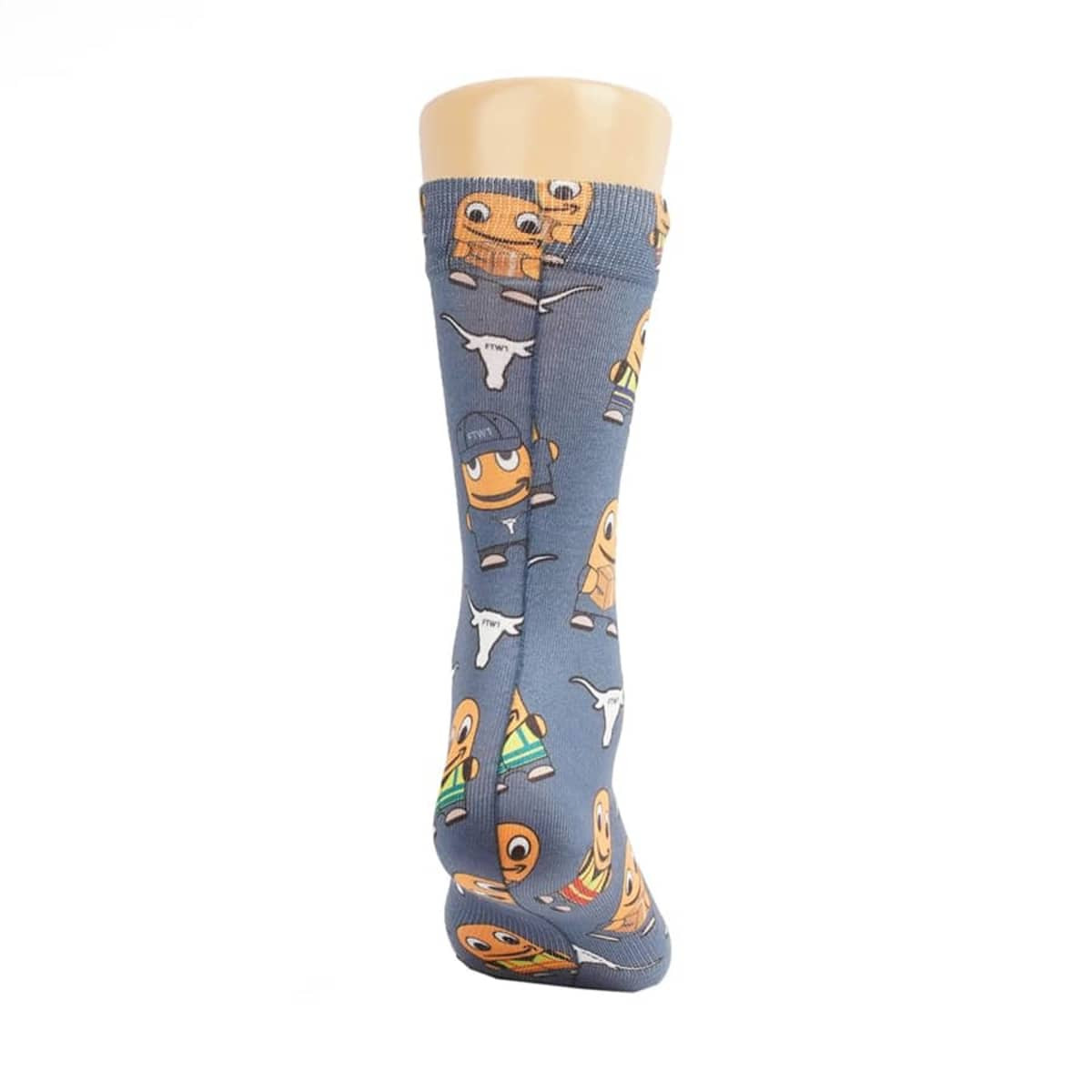 A blue sock featuring playful cartoon characters and designs in orange and white. It has a logo displayed on it.