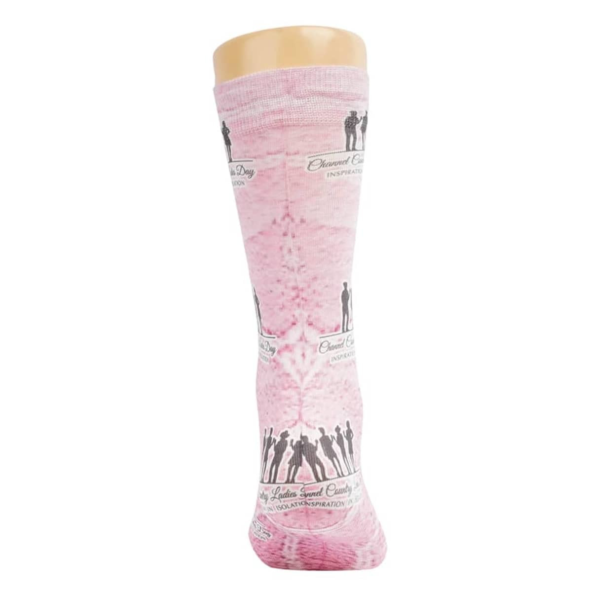A pair of pink socks featuring various designs, with a logo on the upper section.