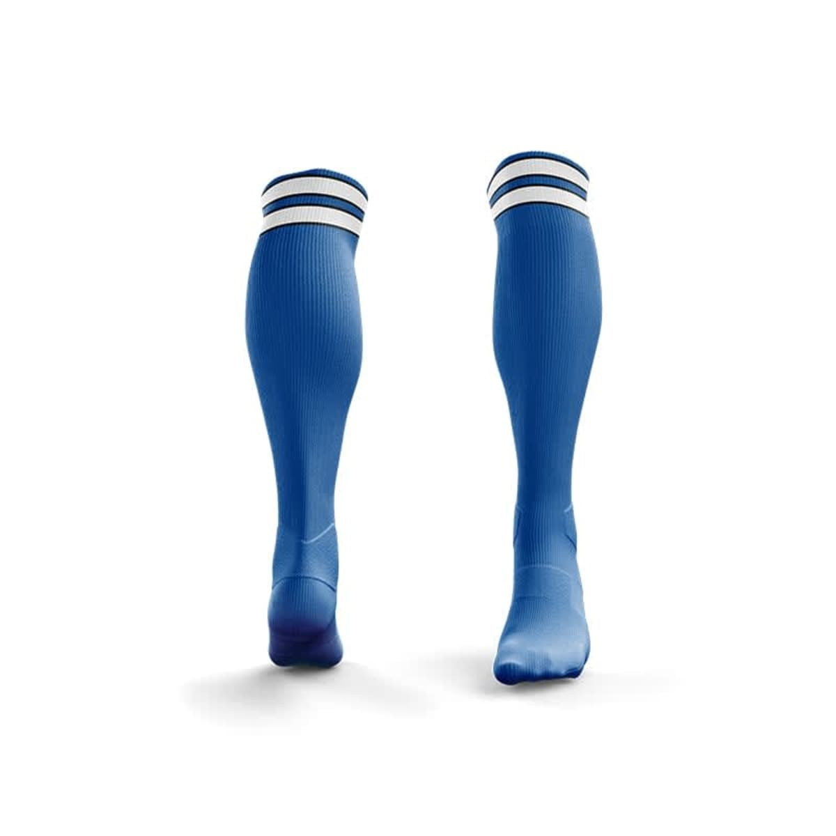 Blue soccer socks with a ribbed design and white stripes at the top, featuring a logo on one side.