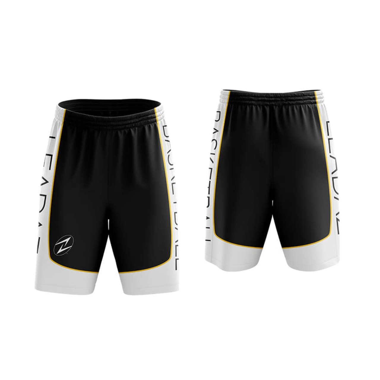 Basketball shorts in black with white and yellow accents, featuring a logo on the side.