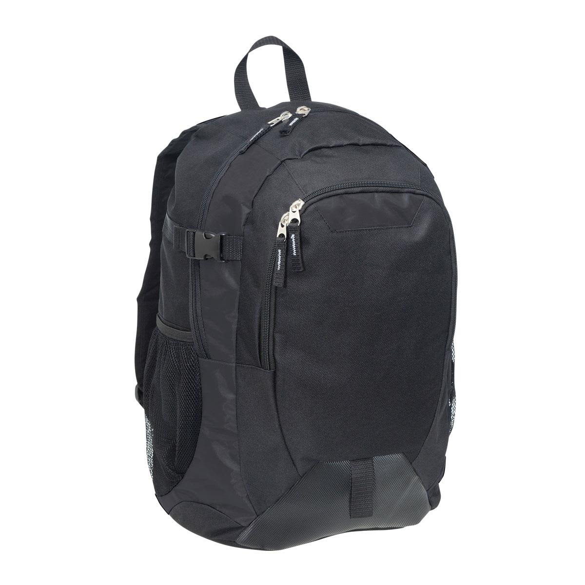 A black laptop backpack with zippered compartments and mesh side pockets. Features a logo and adjustable straps.