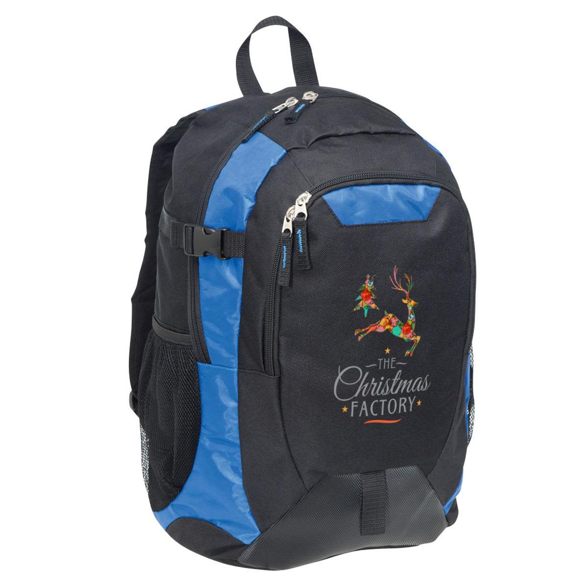 A black and blue laptop backpack featuring a logo and multiple zippered compartments along with mesh side pockets.