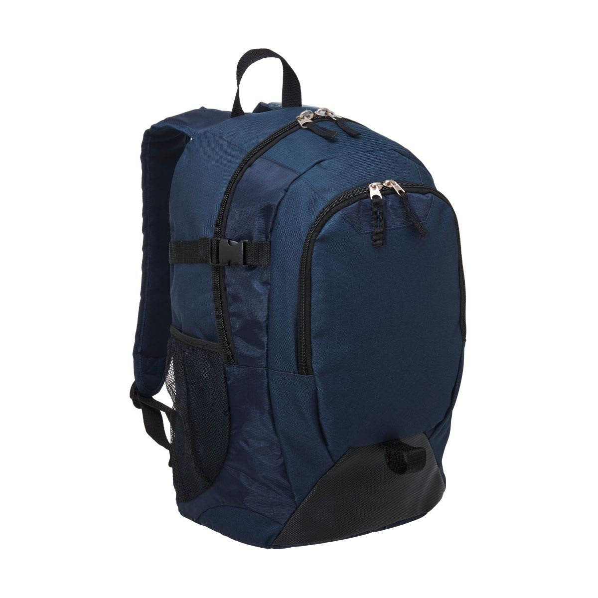 A navy blue laptop backpack with multiple compartments, zippers, and a side mesh pocket. It features a logo.
