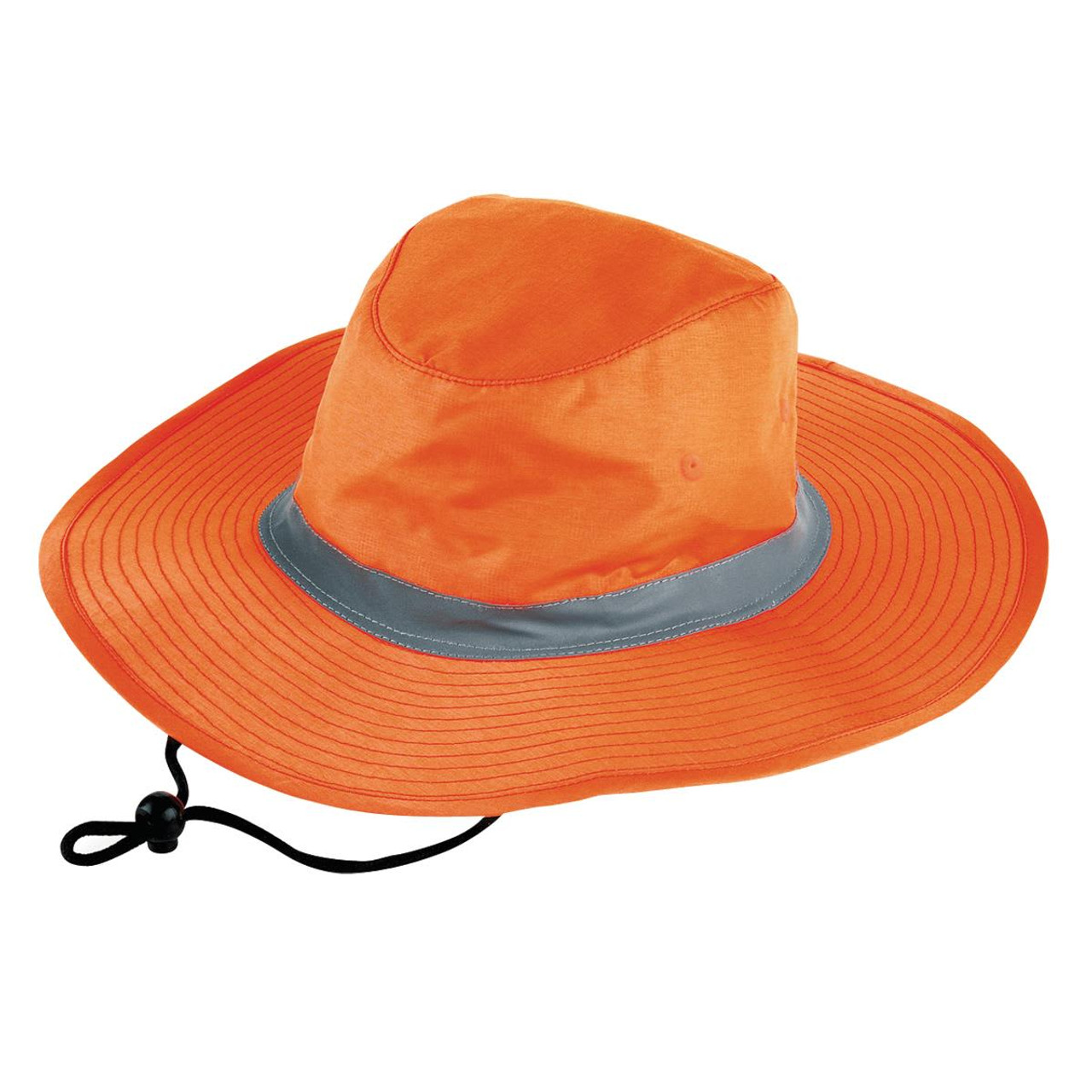 An orange wide-brimmed hat with a reflective band and a cord. It features a logo on the side.