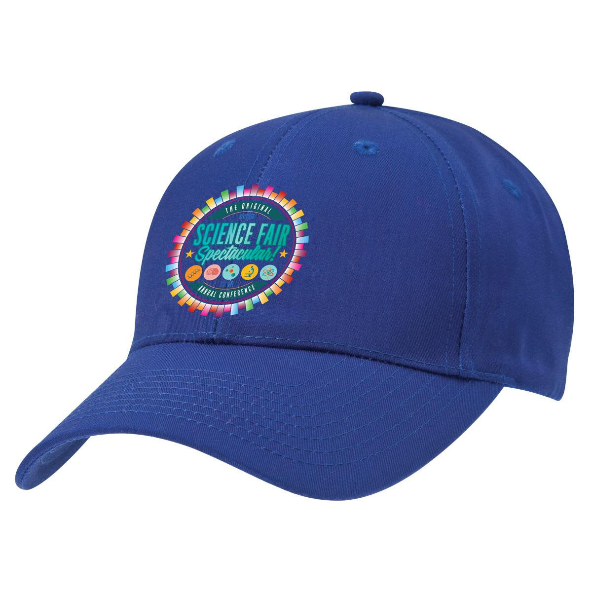 A blue cap featuring a circular logo on the front. It has a curved brim and adjustable strap.