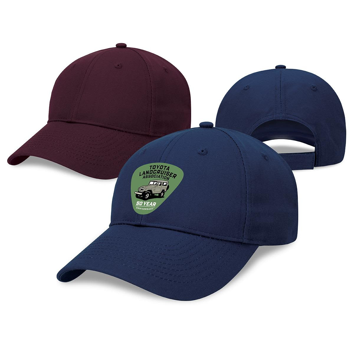 A maroon and navy blue Poly Viscose Cap with a front logo, displaying a classic baseball cap design.