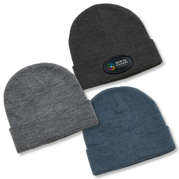Three beanies in dark grey, light grey, and blue, featuring one with a logo. Three beanies in dark grey, light grey, and blue, featuring one with a logo.