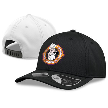 A black cap with a logo on the front and a white underside. The back features a snap closure.