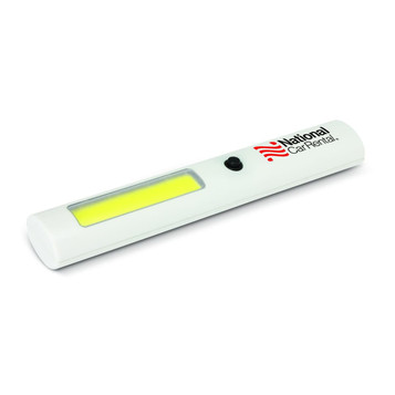 A white COB light with a yellow illumination area and a branding logo on the side.