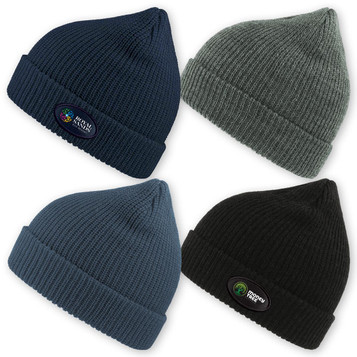 A set of four woolly beanies in navy blue, olive green, teal, and black, each featuring a logo.