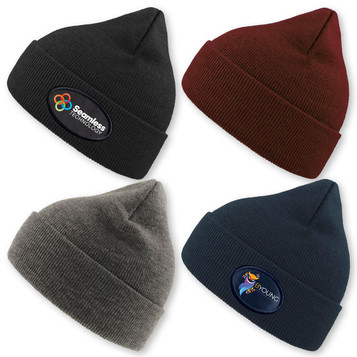 Four beanies in black, burgundy, grey, and navy, each featuring a logo on the front. Four beanies in black, burgundy, grey, and navy, each featuring a logo on the front.