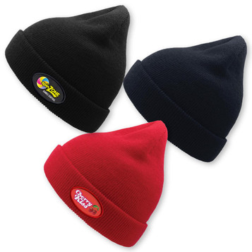 A collection of three beanies in black, navy, and red, each featuring a logo.