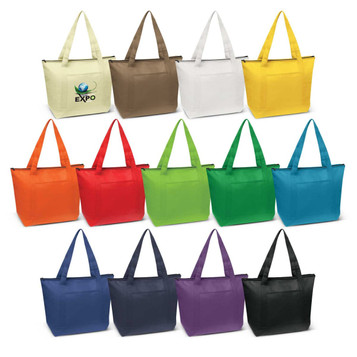 A variety of cooler bags in brown, white, orange, green, blue, red, black, and purple, each with carrying handles.