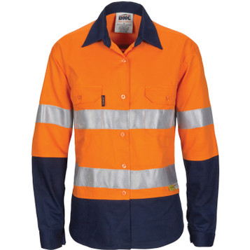 Ladies Hi-Vis 3 Way Cool-Breeze Cotton Shirt with Gusset Sleeve, 3M R/Tape - Long Sleeve.