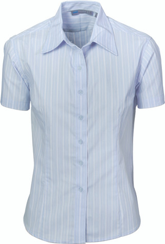 Ladies Stretch Yarn Dyed Contrast Stripe Shirts -Short Sleeve