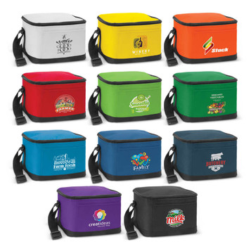 A collection of vibrant cooler bags in various colours, each featuring unique designs and logos.