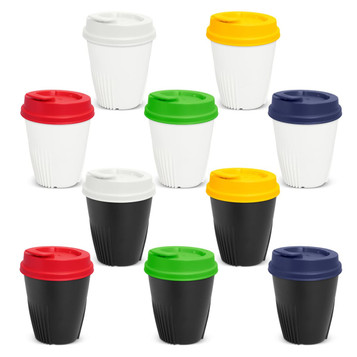 A set of IdealCup drink bottles in various colours: red, green, yellow, blue, white, and black. Each has a logo.