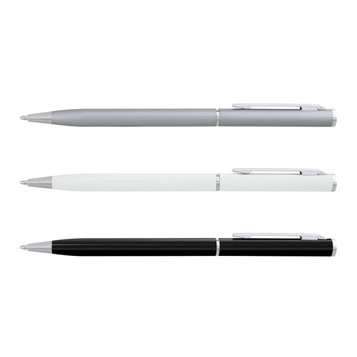 A set of three metal pens in silver, white, and black, featuring a logo on each.