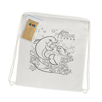 A cotton drawstring backpack featuring a dolphin coloring design, accompanied by a pack of coloring pens. A cotton drawstring backpack featuring a dolphin coloring design, accompanied by a pack of coloring pens.
