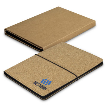 A cork portfolio in brown with a black elastic closure, featuring a logo on the front cover.