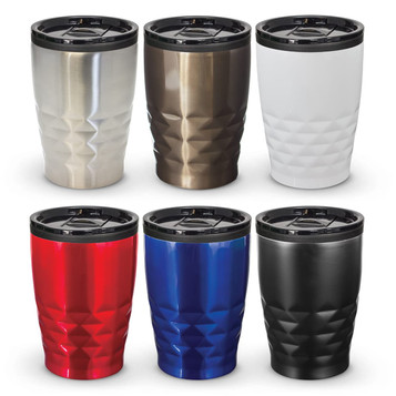 A collection of six Urban Coffee Cups in silver, bronze, white, red, blue, and black, featuring an angular design and a lid.