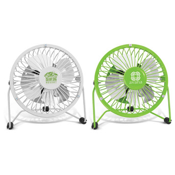 A desk fan set featuring a white fan and a green fan, both with metal grilles and stands. Each has a logo.