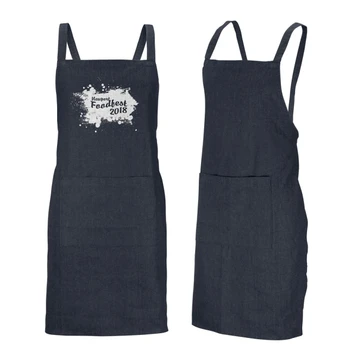 A dark denim bib apron featuring adjustable straps and a front pocket. It has a logo on the front.
