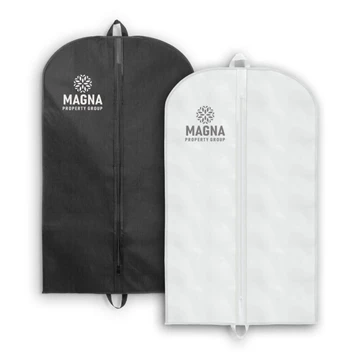 Two garment bags in black and white, featuring a logo on each, with a zip closure and hanging loops.
