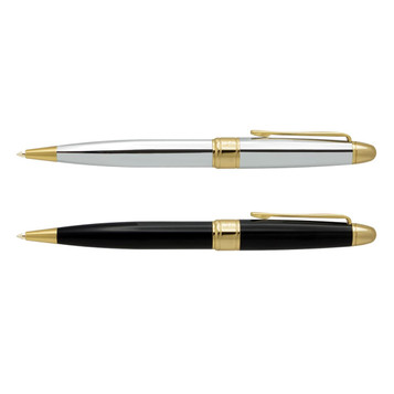 A set of Pierre Cardin Montfort metal pens in silver and black, featuring gold accents and a logo. A set of Pierre Cardin Montfort metal pens in silver and black, featuring gold accents and a logo.