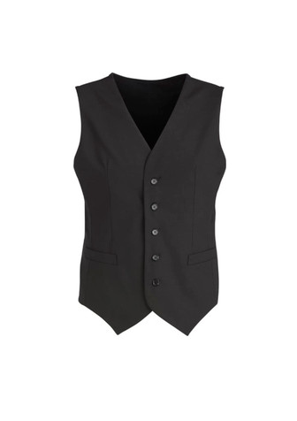 A black men's peaked vest featuring a five-button front and two side pockets, with a smooth fabric finish.