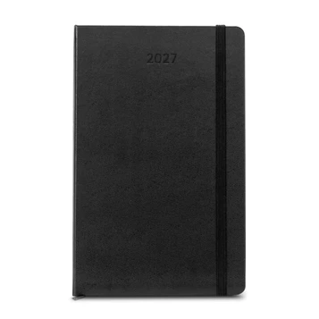 A black Moleskine planner for 2027 with a black elastic closure and a debossed year on the cover.