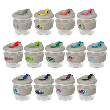 A drink bottle collection featuring the Valencia Cup in various colours with grey lids and hooks, each with logos. A drink bottle collection featuring the Valencia Cup in various colours with grey lids and hooks, each with logos.