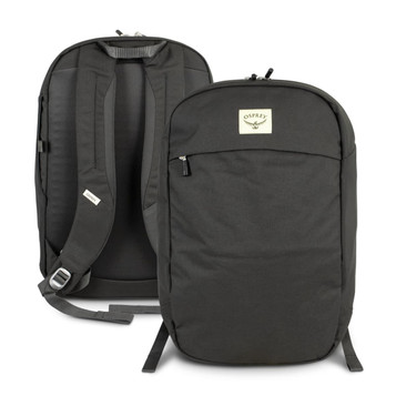 A dark green backpack with padded shoulder straps and a front zip pocket. It features a logo on the front. A dark green backpack with padded shoulder straps and a front zip pocket. It features a logo on the front.