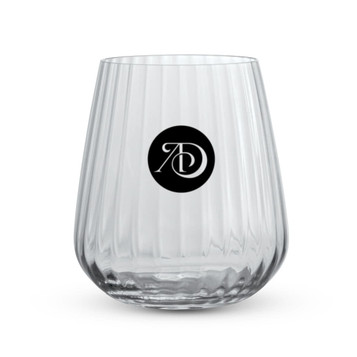 A clear, ribbed glass tumbler with a circular logo. Ideal for serving beverages. A clear, ribbed glass tumbler with a circular logo. Ideal for serving beverages.