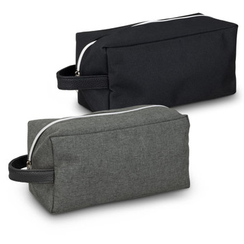 Two toiletry bags in black and grey with a textured finish, featuring a zip closure and a handle for easy carrying. Two toiletry bags in black and grey with a textured finish, featuring a zip closure and a handle for easy carrying.