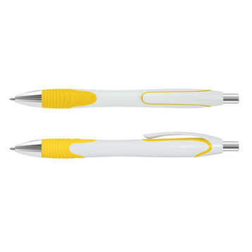 A plastic pen set featuring a white body with yellow accents and a grip section, designed for writing. A plastic pen set featuring a white body with yellow accents and a grip section, designed for writing.