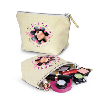 A small beige cosmetic bag with a branding logo, filled with various makeup items like lipsticks and eyeshadows. A small beige cosmetic bag with a branding logo, filled with various makeup items like lipsticks and eyeshadows.