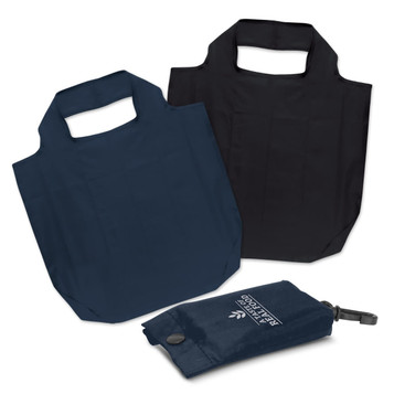 A navy blue and black foldable reusable grocery bag, accompanied by a compact carrying pouch with a logo. A navy blue and black foldable reusable grocery bag, accompanied by a compact carrying pouch with a logo.