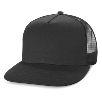 A black flat peak mesh trucker cap with a solid front panel and mesh back. Features a logo. A black flat peak mesh trucker cap with a solid front panel and mesh back. Features a logo.