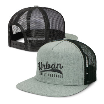 A grey and black trucker cap featuring a mesh back and a front embroidery detail. The cap also includes a logo. A grey and black trucker cap featuring a mesh back and a front embroidery detail. The cap also includes a logo.