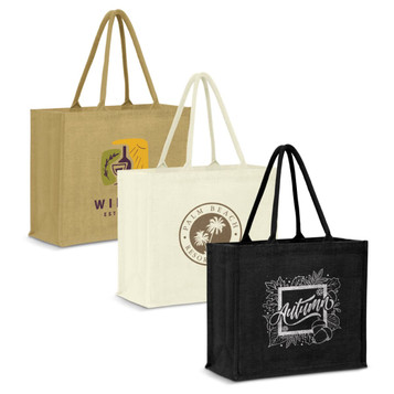 Three jute tote bags in natural, cream, and black colours, each featuring a logo or design on the front.