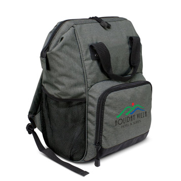 A grey backpack with a mesh pocket and handle, featuring a logo on the front. A grey backpack with a mesh pocket and handle, featuring a logo on the front.