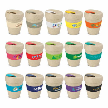 A drink bottle in various earthy tones, featuring a lid and multiple designs with logos. The cups are 350ml. A drink bottle in various earthy tones, featuring a lid and multiple designs with logos. The cups are 350ml.